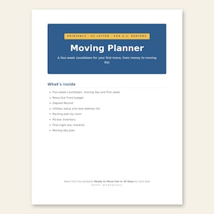 Może przedstawiać: Dokument planera przeprowadzki w formacie US Letter z niebieskim nagłówkiem zawierającym tekst Moving Planner oraz A four-week countdown for your first move. Lista zawiera czterotygodniowe odliczanie, budżet, inwentarz 40 pudełek, listę kontrolną na pierwszą noc oraz plan na dzień przeprowadzki.