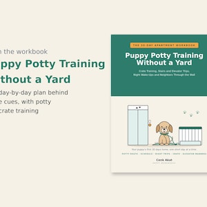Puede incluir: Un libro titulado Puppy Potty Training Without a Yard, The 30-Day Apartment Workbook. La portada presenta un diseño verde y crema con una ilustración de un cachorro, un ascensor y una jaula, escrito por Cenk Akat con texto incluido.