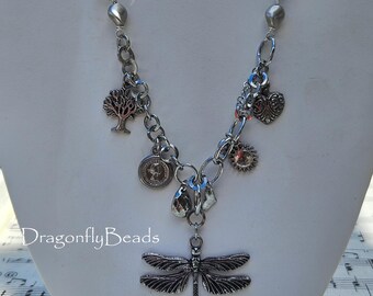 Dragonfly Charm Necklace: Repurposed Silver Charms & Pearl Accents