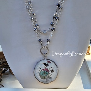 Vintage Ceramic Bird Pendant Necklace: Pearl Crystal Beaded Chain