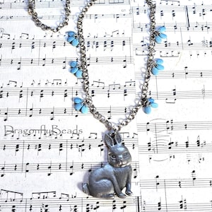 Danforth Pewter Bunny Pendant Necklace, Repurposed Blue Bead Chain