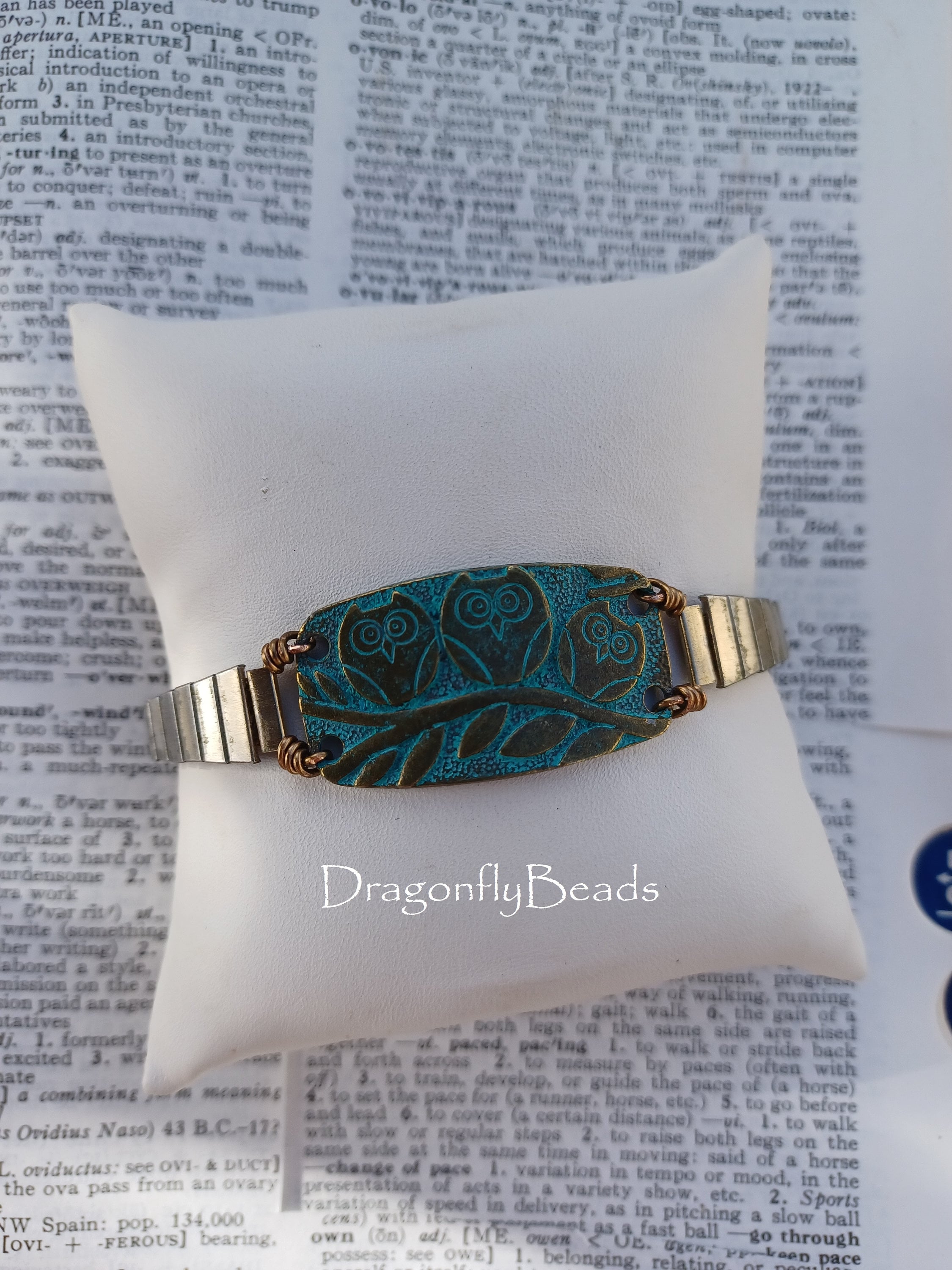 Vintage Owl Watch Band Bracelet: Turquoise Patina, Stainless Steel