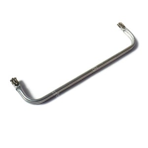 May include: A silver metal rod with two curved ends. The ends have a small metal piece that looks like a hook.