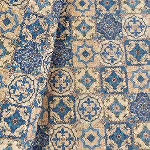 May include: A close-up of a fabric with a repeating pattern of blue and beige tiles. The tiles have intricate designs and are arranged in a grid pattern.