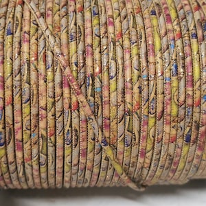 1 meter/ 39 in  - 3 mm Genuine Cork Cord golden colorful flowers REF-457