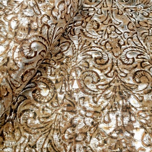 50x68 cm - Cork Fabric natural with embossed baroque pattern with silver shinning - Portuguese cork leather fabric