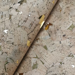 LAST PIECES - 50x68 cm - Cork Fabric natural with golden patches - Portuguese cork leather fabric