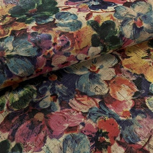 50x68cm Cork leather, green product, Portuguese cork fabric, big flowers Printed pattern