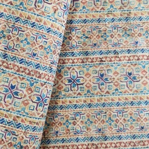 Cork Leather - Portuguese cork fabric, Portuguese Tile pattern on natural cork 68x50cm / 26.77''x19.69'', (366)