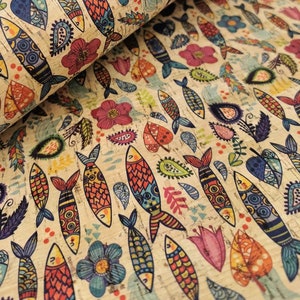 Sardine Printed pattern on natural cork, Portuguese cork fabric,  68x50cm / 26.77&#39;&#39;x19.69&#39;&#39;, (90)