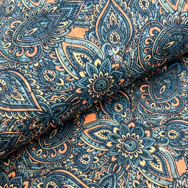 Portuguese cork fabric sheet, Cool henna mehndi flowers Pattern printed on Natural Rustic Cork 68x50cm / 26.77''x19.69'', (142)