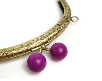16 cm( 6.3 in) Colored bobble antique brass sewing purse frame purple two loops F16/1111
