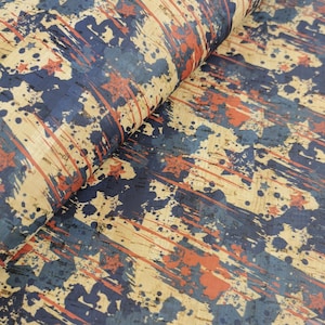 Portuguese cork fabric sheet, Blue and Red Stars Pattern printed on Natural Rustic Cork 68x50cm / 26.77''x19.69'' (421)