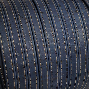 10mm Stitched Navy Blue Cork Fabric Strip, 1 Meter Portuguese stitched flat Cork 10x2mm, Navy Blue REF-249