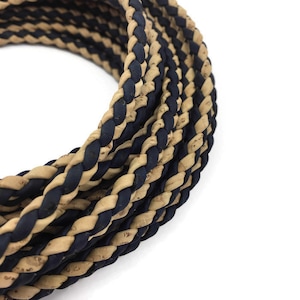 Cork Cording - 1 meter/ 39 in - 5mm Braided Genuine Cork Cord Natural and Dark Blue (European product) REF-432