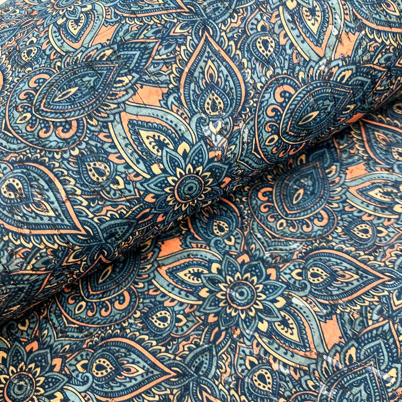 Portuguese cork fabric sheet, Cool henna mehndi flowers Pattern printed on Natural Rustic Cork 68x50cm / 26.77''x19.69'', 142 image 1