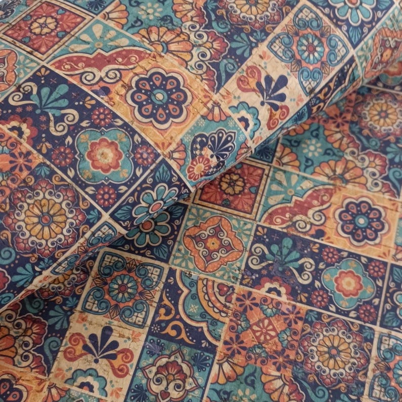 Tiles Printed Pattern on Natural Cork, Portuguese Cork Fabric, 68x50cm ...