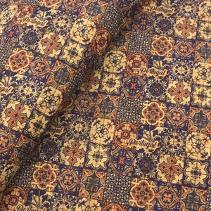 Cork Leather - Portuguese cork fabric, Portugal Tile pattern 68x50cm / 26.77''x19.69'', (83)