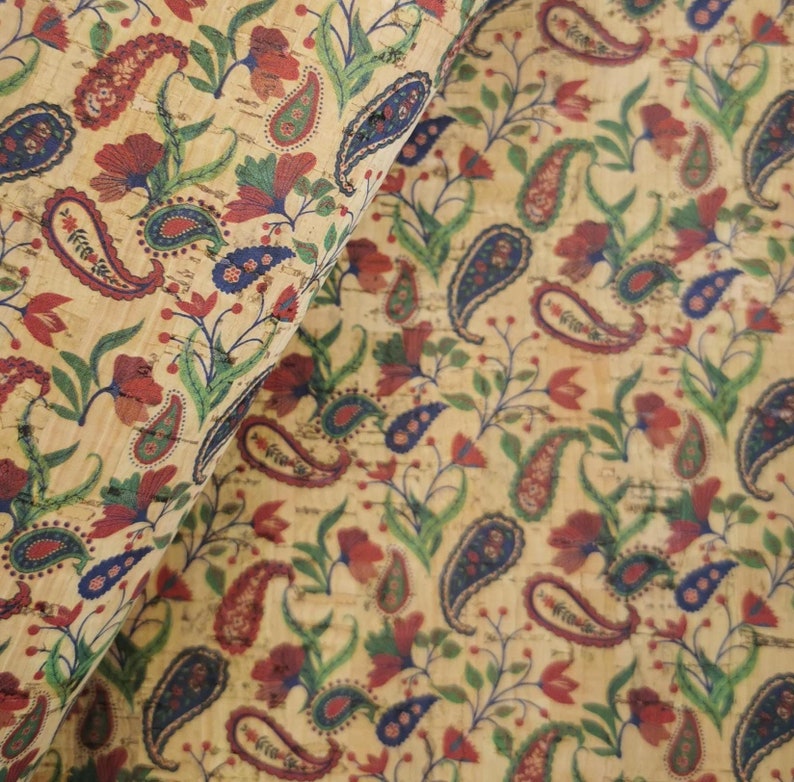 Paisley Printed Pattern on Natural Cork, Portuguese Cork Fabric ...