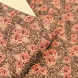 Portuguese Cork Fabric Sheet, Beautiful Roses with Cheetah Pattern Printed on Natural Rustic Cork 68x50cm / 26.77''x19.69'', (160)