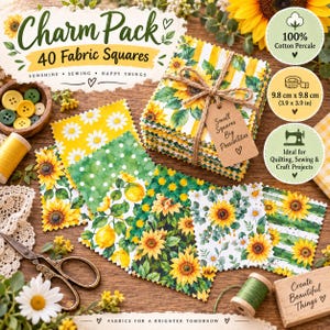 Pode incluir: Um pacote de 40 quadrados de tecido com padrões de girassóis, limões e margaridas em amarelo, verde e branco. A pilha está atada com fio e uma etiqueta com a inscrição Small Squares Big Possibilities. Cada quadrado mede 9,8 cm por 9,8 cm.