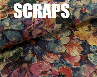 SCRAPS leather, green product, Portuguese cork fabric, big flowers Printed pattern