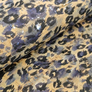 Blue Leopard Print Cork Fabric with silver flecks 50x68 cm - Portuguese cork leather / 26.77&#39;&#39;x19.69&#39;&#39; (121)