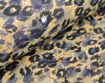 Blue Leopard Print Cork Fabric with silver flecks 50x68 cm - Portuguese cork leather / 26.77''x19.69'' (121)