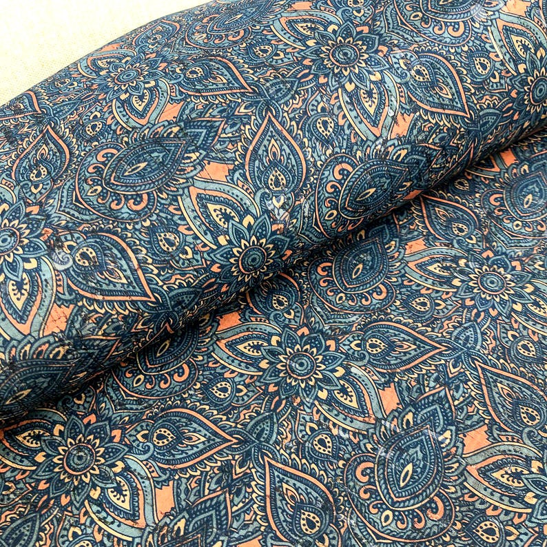 Portuguese cork fabric sheet, Cool henna mehndi flowers Pattern printed on Natural Rustic Cork 68x50cm / 26.77''x19.69'', 142 image 3