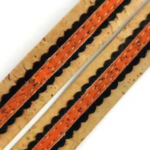 18mm Flat natural cork strip with black and orange lace