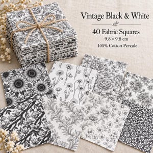 May include: A stack and collection of 40 fabric squares featuring black and white floral patterns. The text on the image reads: Vintage Black & White, 40 Fabric Squares, 9.8 x 9.8 cm, 100% Cotton Percale. The squares are tied with twine.