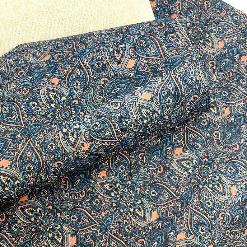Portuguese cork fabric sheet, Cool henna mehndi flowers Pattern printed on Natural Rustic Cork 68x50cm / 26.77''x19.69'', 142 image 6