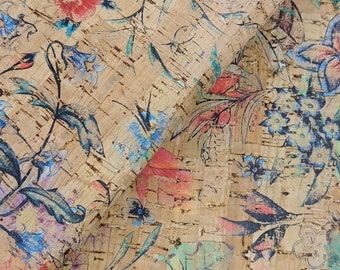 Cork fabric Jeans effect 68x50cm Portuguese cork fabric, tropical Flowers cork leather / 27.50"x20", (SMA433)