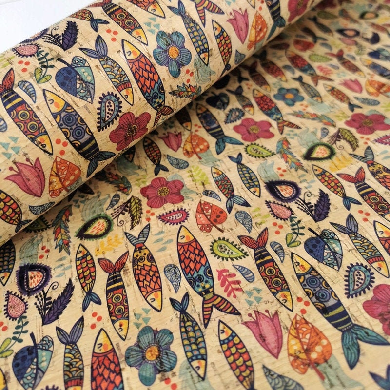 Sardine Printed pattern on natural cork, Portuguese cork fabric,  68x50cm / 26.77''x19.69'', (90)