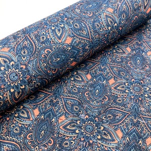 Portuguese cork fabric sheet, Cool henna mehndi flowers Pattern printed on Natural Rustic Cork 68x50cm / 26.77''x19.69'', 142 image 7