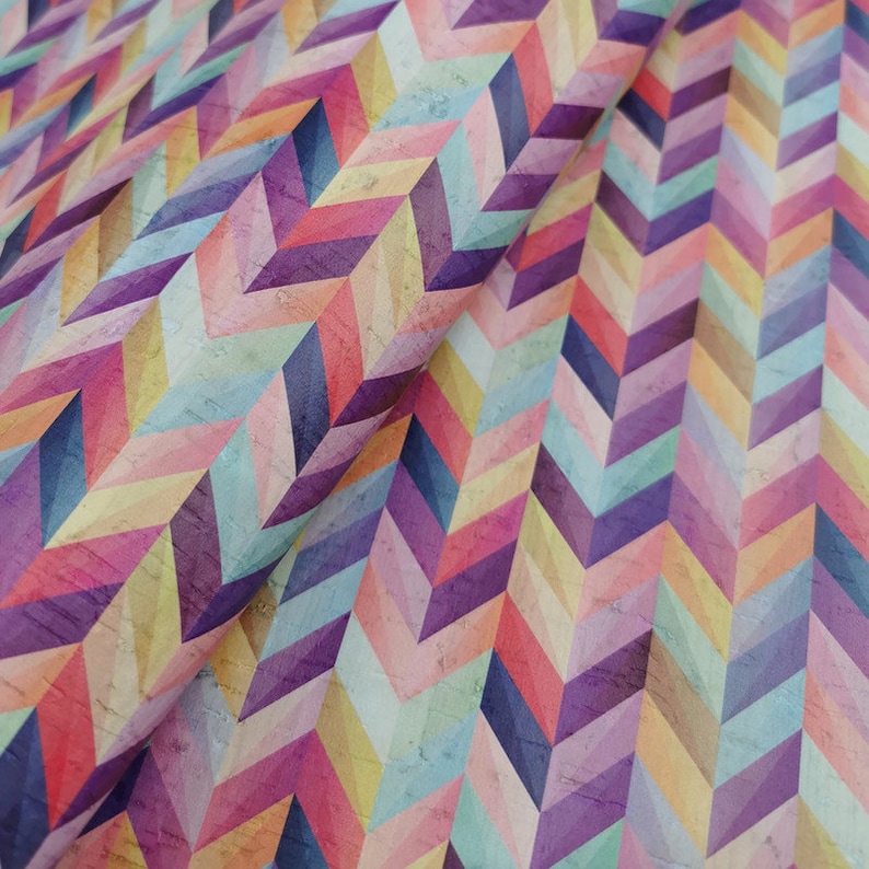Portuguese Cork Fabric Colorful Herringbone Pattern on White Etsy