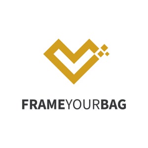 May include: A gold logo featuring a stylised heart shape with a pixelated design. The text "FRAMEYOURBAG" is positioned below the logo.