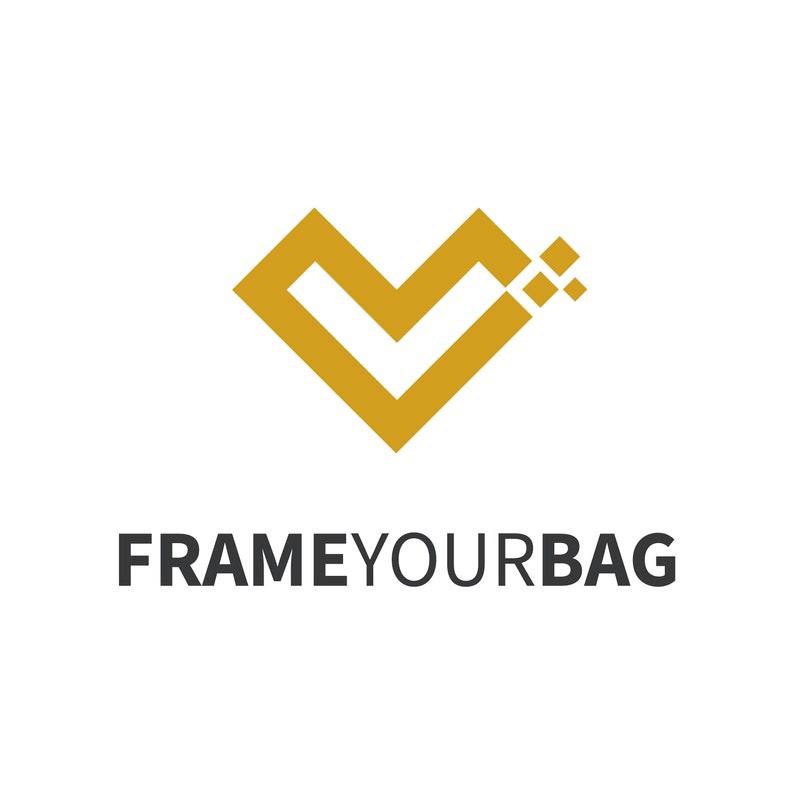 May include: A gold logo featuring a stylised heart shape with a pixelated design. The text "FRAMEYOURBAG" is positioned below the logo.