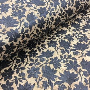 Portuguese cork fabric, black flowers printed pattern 70x50cm / 26.77''x19.69'' (21)