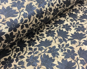 Portuguese cork fabric, black flowers printed pattern 70x50cm / 26.77''x19.69'' (21)