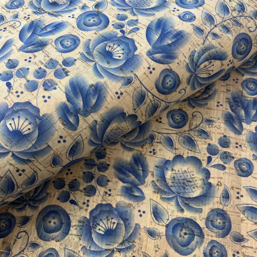Floral Printed Pattern on Natural Rustic Cork Fabric 68x50cm / 26.77 ...