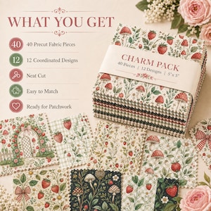 May include: A charm pack of 40 precut fabric pieces measuring 12.7 cm by 12.7 cm, featuring 12 coordinated designs with strawberry and mushroom patterns. The stack is wrapped in a paper band labelled CHARM PACK 40 Pieces 12 Designs 5 x 5.