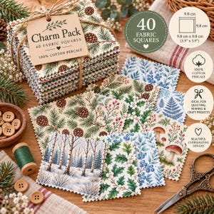 May include: A stack of 40 fabric squares labeled Charm Pack 100% Cotton Percale, each measuring 3.9 inches by 3.9 inches. The squares feature various nature-themed prints including pinecones, birch trees, mushrooms, holly, and berries.