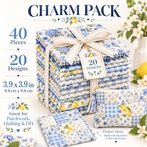May include: A charm pack of 40 fabric squares, each 9.8 cm x 9.8 cm, featuring 20 designs with blue flowers, lemons, and gingham patterns. The stack is tied with a ribbon and a tag labelled 20 DESIGNS, accompanied by a small quilted pouch and coaster.