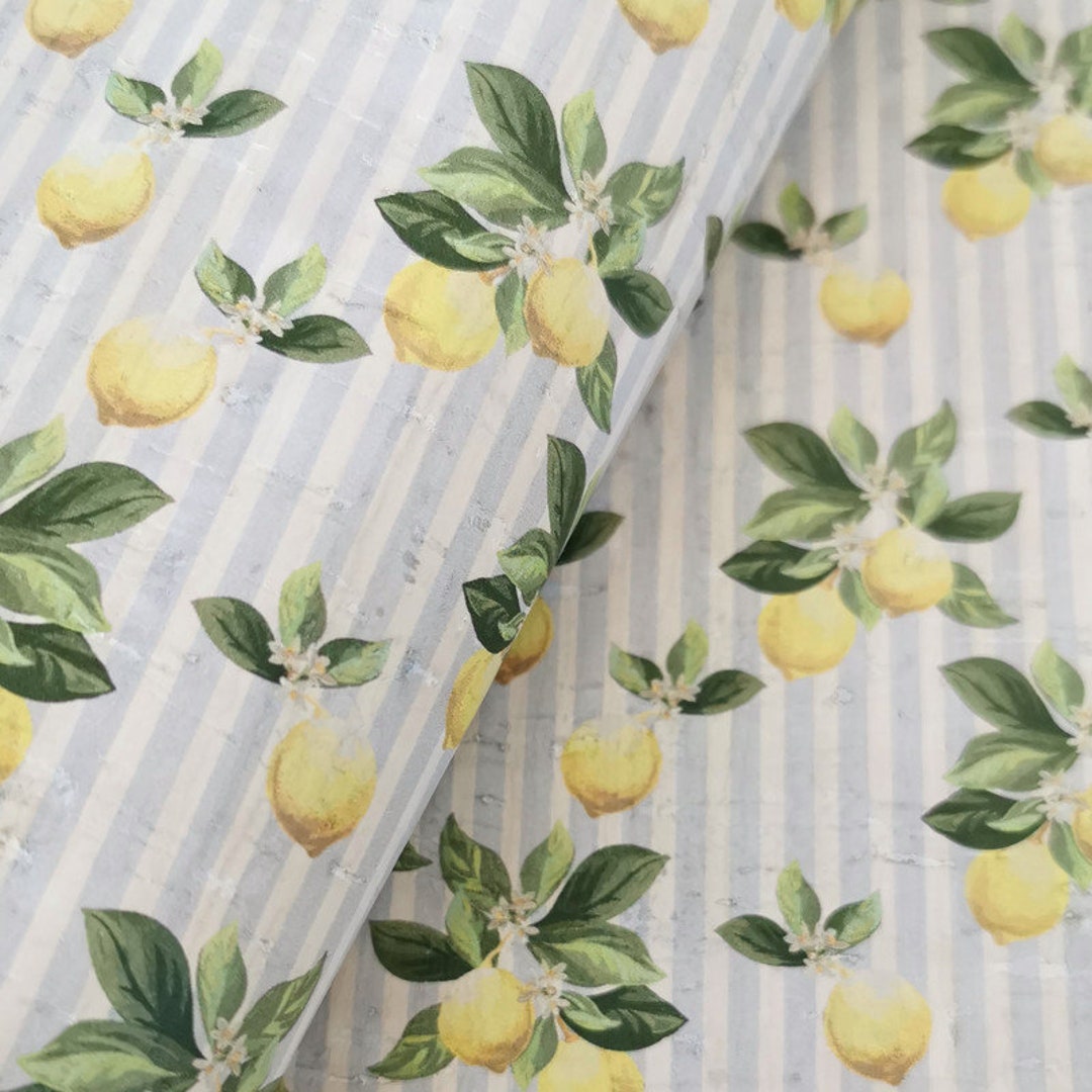 Portuguese Cork Fabric, Lemon Tree With Stripes Pattern on White Cork ...