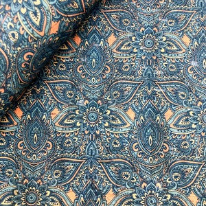 Portuguese cork fabric sheet, Cool henna mehndi flowers Pattern printed on Natural Rustic Cork 68x50cm / 26.77''x19.69'', 142 image 9