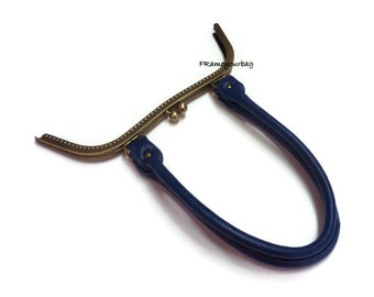 27 cm/10,63 in Antique brass sewing purse frame  Blue PU Leather Handle - FH05