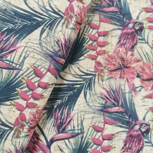 100x136 cm Cork leather, green product, Portuguese cork fabric parrot print (52)