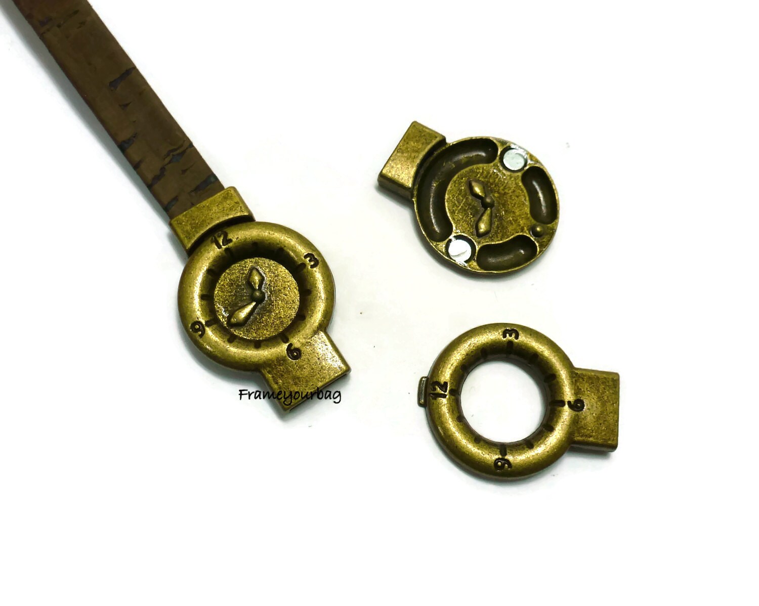 2 Sets Zamak Clasps Antique Brass Clock Shape for Flat Leather