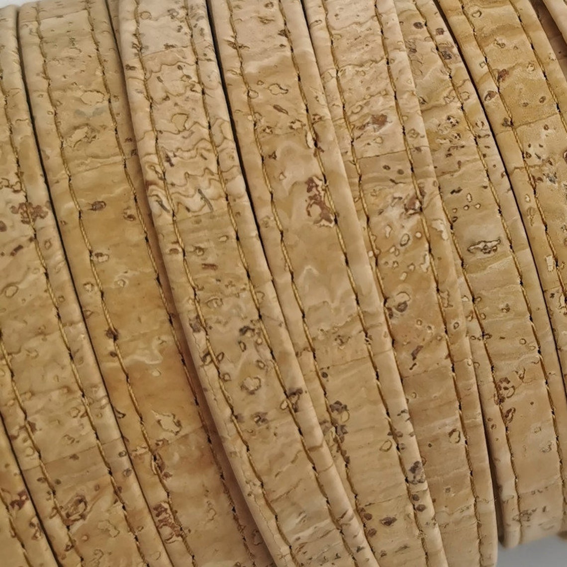 10mm Stitched Natural Cork Fabric Strip, 1 Meter Portuguese Stitched ...